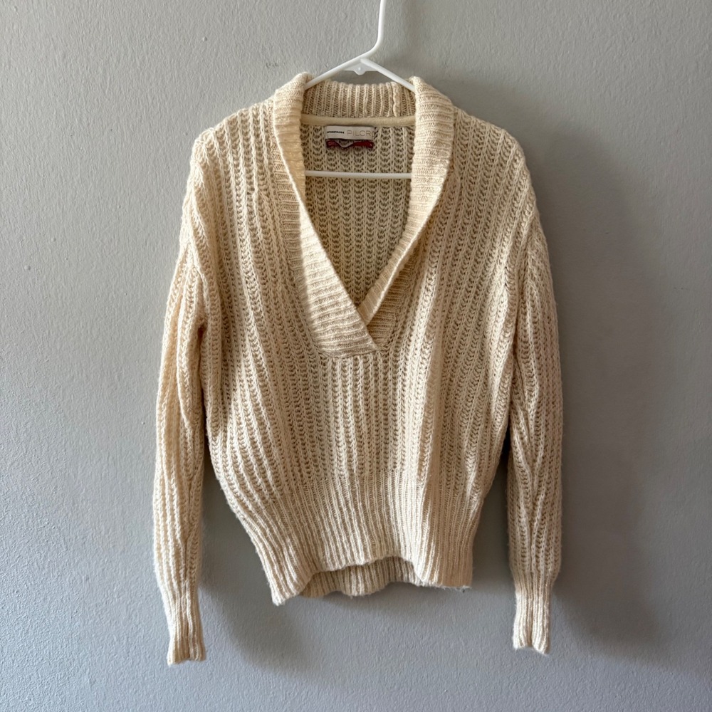 Anthropologie Pilcro Womens XS Cream Chunky Ribbed V-Neck Shawl Collar Sweater